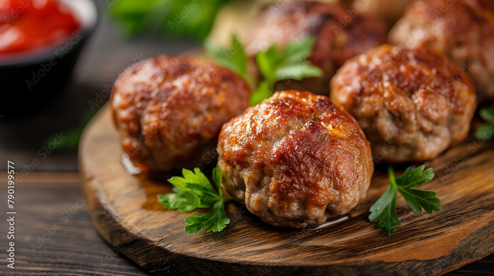 Tender, juicy meatballs garnished with parsley, served on a rustic wooden board, ready to be enjoyed. Tender, juicy meatballs garnished with parsley, served on a rustic wooden board, ready to be enjoyed.