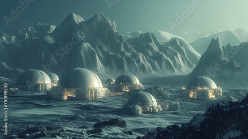Futuristic domes reminiscent of lunar bases stand in an eerie, otherworldly landscape with towering mountains. photo