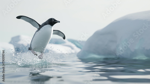 penguin leaping from iceberg in cold water 