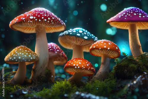 Generative AI  Beautiful and awesome neon colorful mushrooms  Magical views of neon colorful mushrooms  Beautiful view of neon colorful mushrooms in the thickets of forest bushes  small neon mushrooms