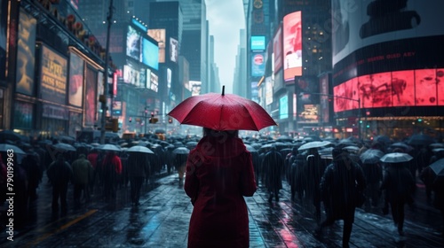 life in the big city continues unabated concept, with commuters braving the rain-soaked commute, the back of a woman holds a red umbrella to protect from the rain. photo