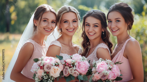 Four women in pink dresses are smiling at the camera. They are all holding bouquets of flowers.