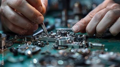 Meticulously Assembling a Complex Mechanical Device with Precision Tools and Intricate Components