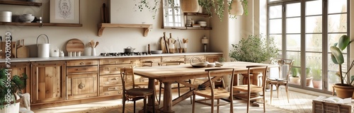 lovely interior for dinning in wood elements cottage withe big windows and day light © Ivana