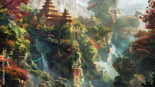 Enchanting Mythical Landscape with Pagodas and Waterfalls in Autumn Foliage