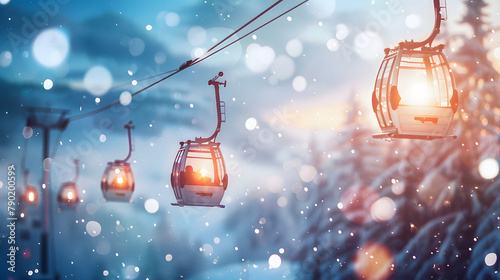 Shimmering blurred display of a winter ambience in the ski resort with ski trails and cable cars. snowfall sky. 