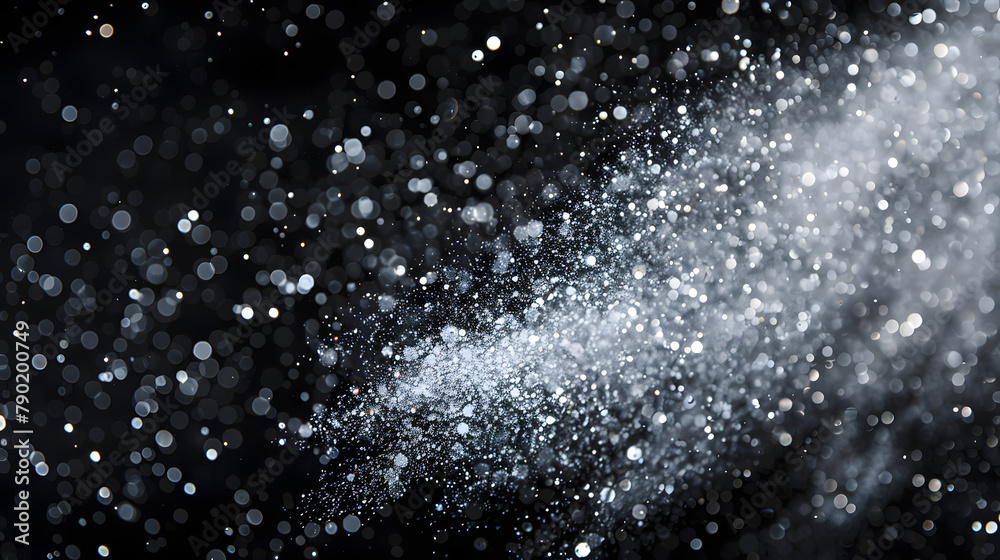 Silver glitter explosion isolated on black background. shiny sparkles with dust and specks in the air. Celebration concept for design banner Silver glitter explosion isolated on black background. shiny sparkles with dust and specks in the air. Celebration concept for design banner
