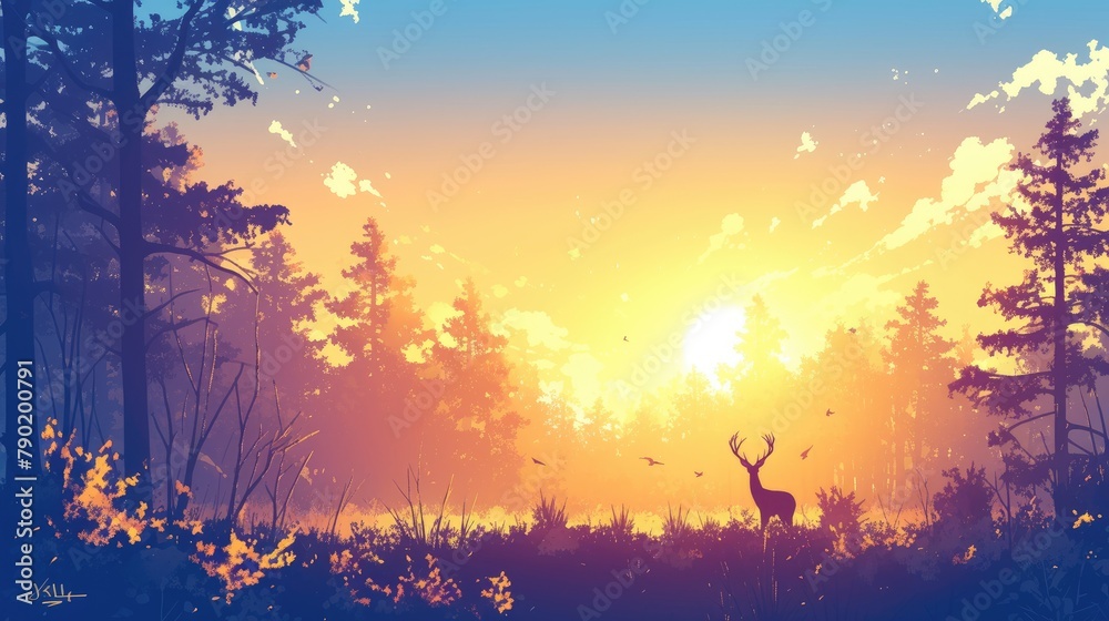 Illustration of a pine forest and deer silhouetted against the morning sky capturing the essence of a sunset Illustration of a pine forest and deer silhouetted against the morning sky capturing the essence of a sunset