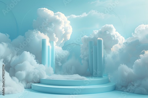Surreal cloud podium with beauty product placement on blue sky