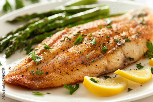tasty and healthy baked fish with asparagus and lemon, ketogenic fitness food with a lot of unsaturated fats, omega 3