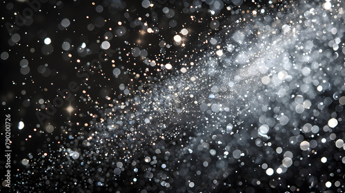 Silver glitter explosion isolated on black background. shiny sparkles with dust and specks in the air. Celebration concept for design banner
