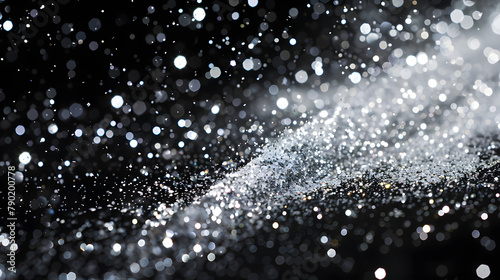Silver glitter explosion isolated on black background. shiny sparkles with dust and specks in the air. Celebration concept for design banner