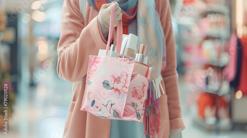 Someone holding a bag of beauty products. including makeup and skincare items
