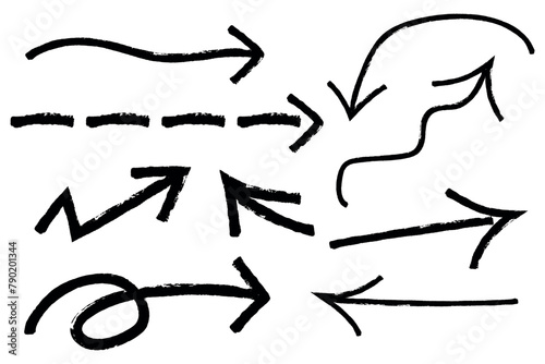 Set of hand drawn arrows, brush stroke curly arrow vector