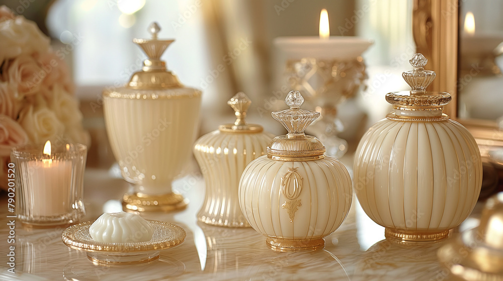 Creams, on the table, marble table, transparent background, contrasting light and shadow, beige background, gold, mirrors, glassware, sophistication. Creams, on the table, marble table, transparent background, contrasting light and shadow, beige background, gold, mirrors, glassware, sophistication.