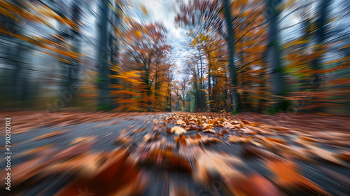 Stunning blurred backdrop of autumn scenery in the forest with fallen leaves and evergreens. cloudy sky.=