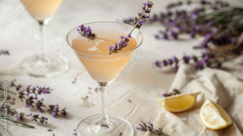 A glass of pink drink with a slice of lemon and lavender flowers on top. Concept of drinks, cocktails.