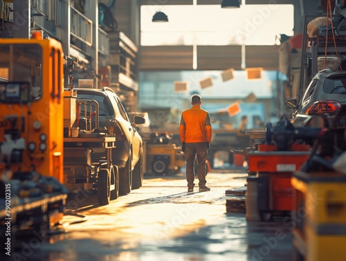 A man in an orange jacket walks through a large industrial area with many cars and trucks. The scene is busy and bustling, with workers going about their tasks. The man is a mechanic © MaxK