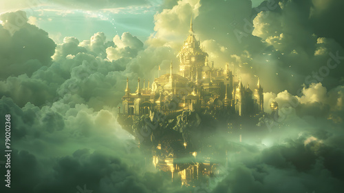 The golden fortress in the clouds. bathed in emerald light and encircled by mist