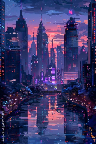 Illustrate a bustling cityscape with skyscrapers looming in the distance using a pixel art technique Include a winding river reflecting the neon lights of the city
