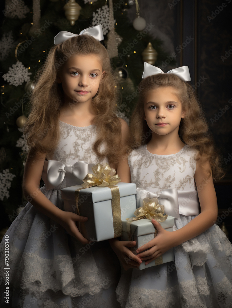 Two sisters holding gift box in hand Two sisters holding gift box in hand