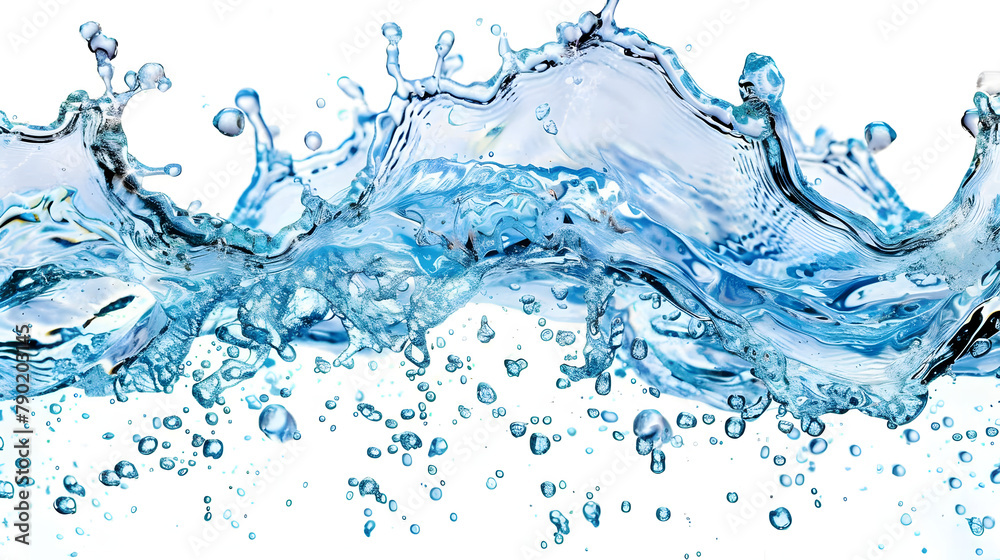 Water wave splash isolated on white background. blue water flow with bubbles and drops in the air. Water concept for design banner Water wave splash isolated on white background. blue water flow with bubbles and drops in the air. Water concept for design banner