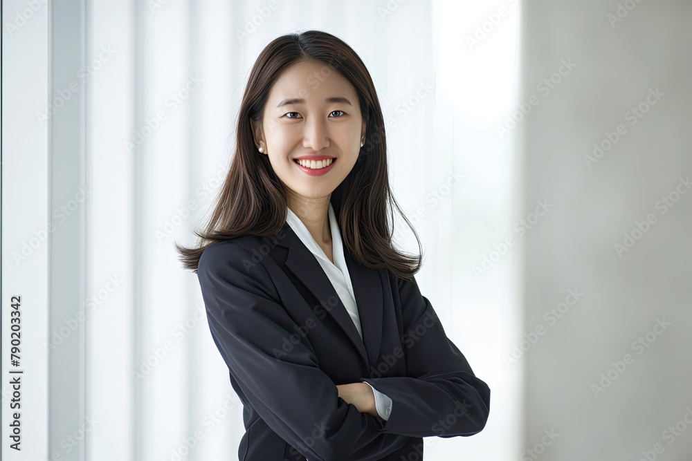 Asian Businesswoman in a business suit is smiling with crossing arm in the office. Asian Businesswoman in a business suit is smiling with crossing arm in the office.