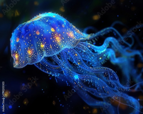 Bioluminescent Jellyfish Illuminating the Deep Blue Sea with an Enchanting Glow photo
