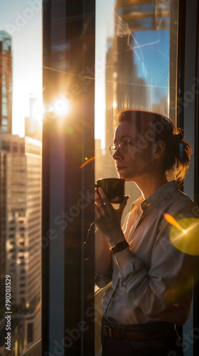 A businesswoman gazes intently through the window. With coffe mug in the hands. The background consists of a blurred cityscape with multiple skyscrapers. Copy space