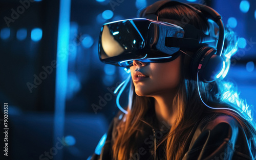 woman using virtual eyee glasses photo