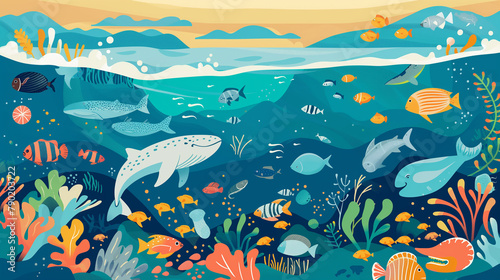 A clean illustration of an unpolluted ocean teeming with marine life  advocating for the protection of marine environments.   flat illustration