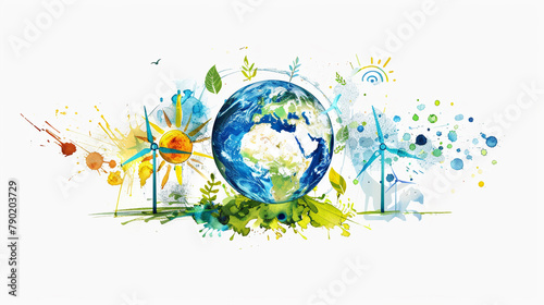 Artistic representation of Earth with natural and renewable energy symbols set against a white background for clean effective message delivery