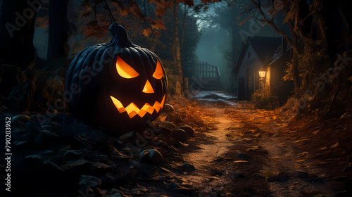 Halloween pumpkin with glowing face in dark forest