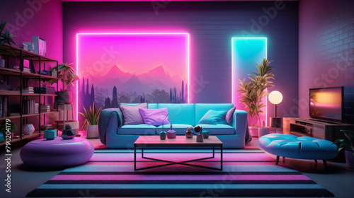 Neon living room with a blue couch and a coffee table