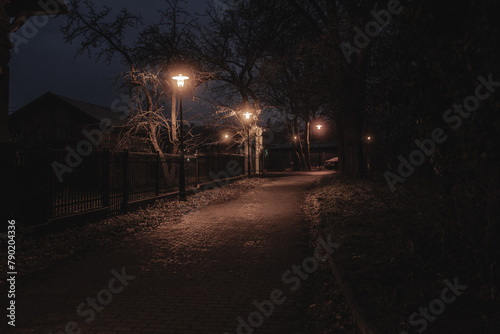 ciemna uliczka w nocy w mieście z latarniami we mgle photo
