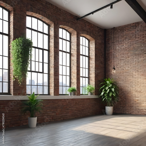 interior of modern loft with brick walls  wooden floor and large windows