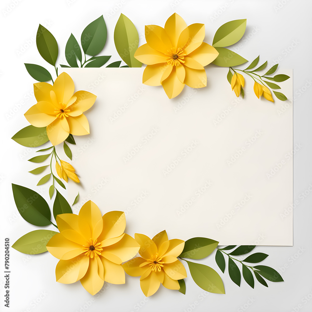Flowers composition. Frame made of yellow flowers and green leaves on white background. Flat lay, top view, copy space
