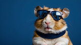 Funny pet hamster wearing sunglasses and bow tie on blue background