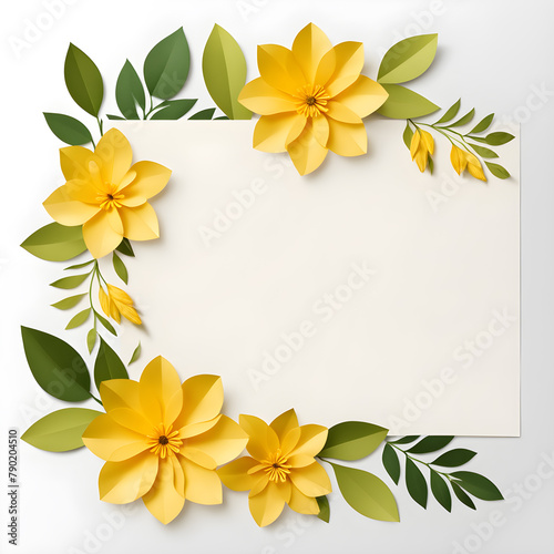 Flowers composition. Frame made of yellow flowers and green leaves on white background. Flat lay  top view  copy space