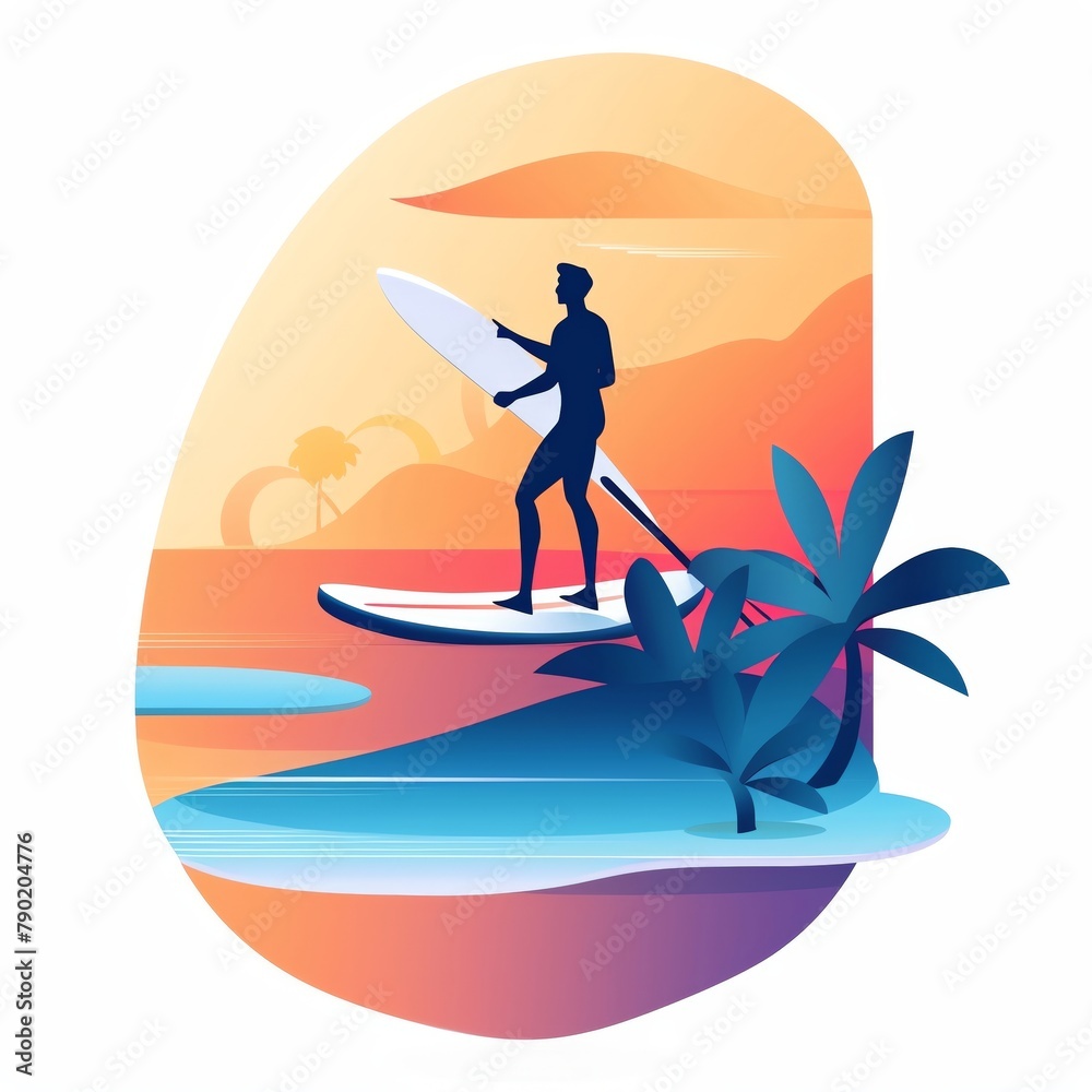 Minimalist UI illustration of Surfing in a flat illustration style on a white background with bright Color scheme, dribbble, flat vector, photographic style