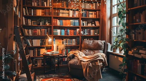 Cozy Bookshelf Nook with Warm Lighting and Inviting Armchair for Leisurely Reading