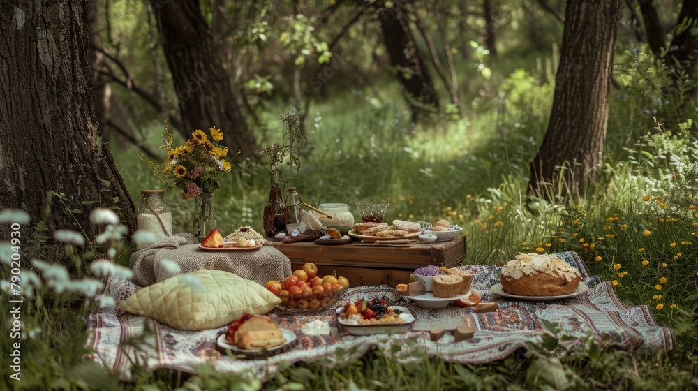A forest glade picnic with a spread of summer treats - obrazy, fototapety, plakaty 