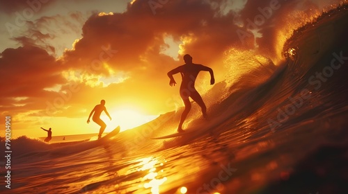 Exhilarating Surf Camp at Sunset with Dynamic Surfers Catching Powerful Waves © pkproject
