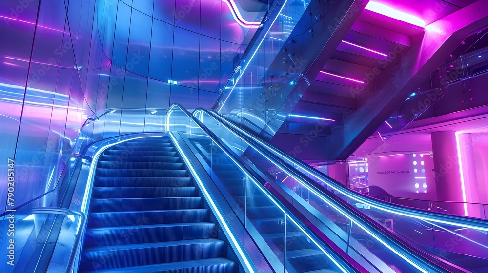 Sleek and Futuristic Corporate Staircase with Neon Lighting in Cutting-Edge High-Tech Environment