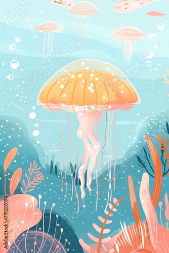 A beautiful illustration of a jellyfish with a peach-colored bell and long, flowing tentacles. The jellyfish is surrounded by a variety of other sea creatures, including fish, coral, and seaweed. The