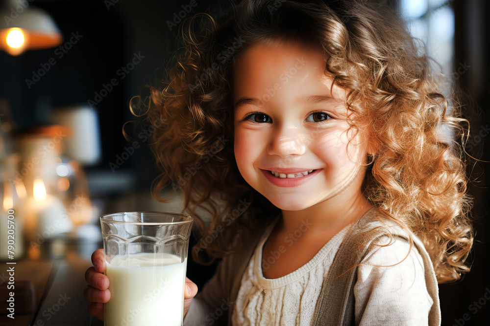 A smiling young girl holding a glass of evening milk. A smiling young girl holding a glass of evening milk.