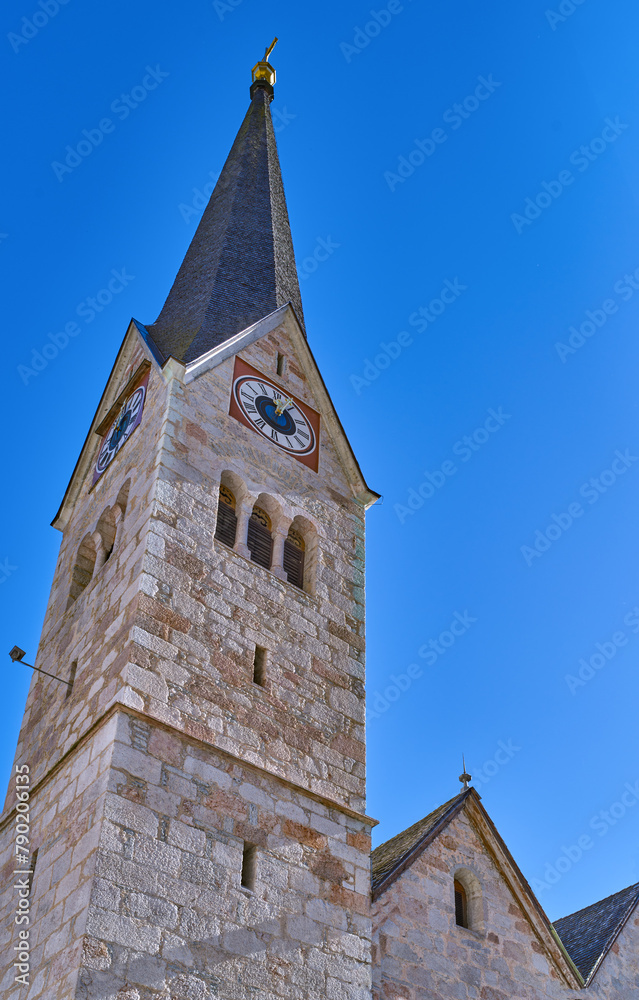 Halstatt , upward view of the bell tower of the Evangelical church in the village