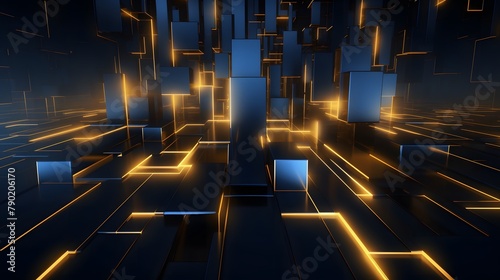 3d rendering of gold and blue abstract geometric background. Scene for advertising, technology, showcase, banner, game, sport, cosmetic, business, metaverse. Sci-Fi Illustration. Product display © Gary