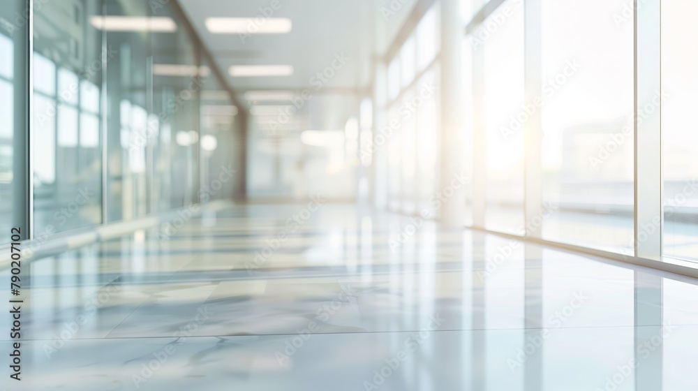 Sunlit Office Corridor with Reflective Marble Flooring