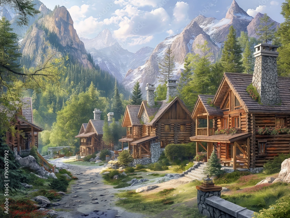 A mountain village with a road leading to it. The houses are made of wood and have chimneys. The scene is peaceful and serene
